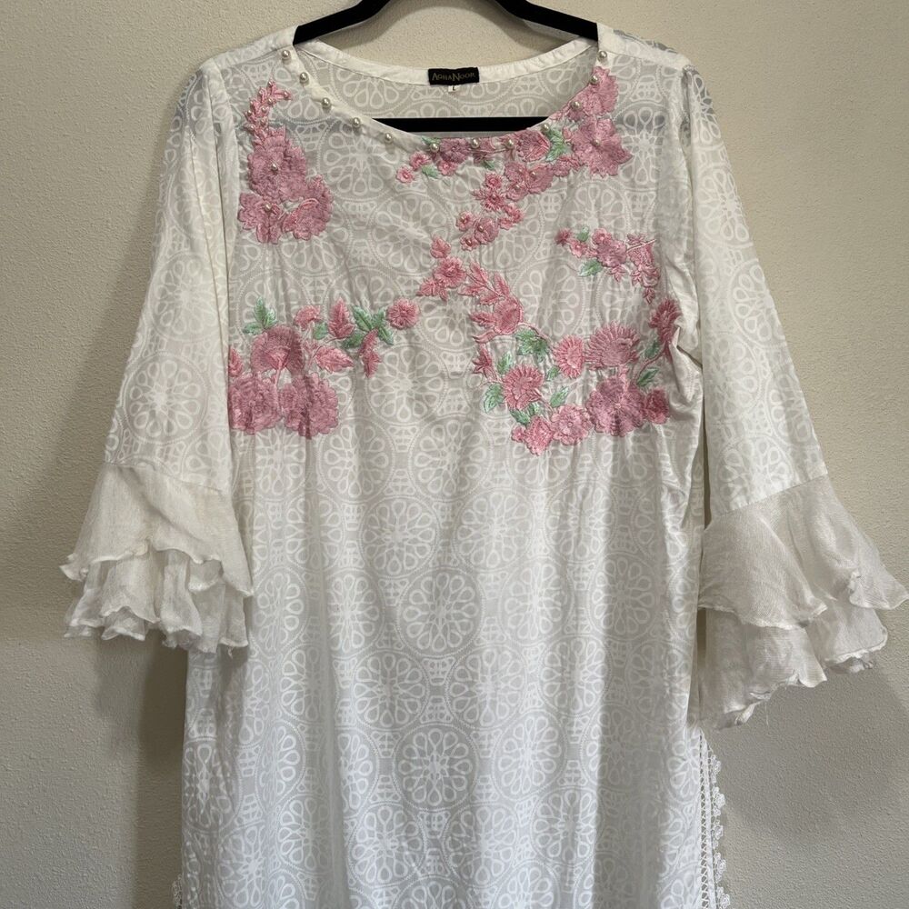 Agha Noor Women’s Dress Size L Pearls Pink Teal Floral Bell Sleeves Sheer